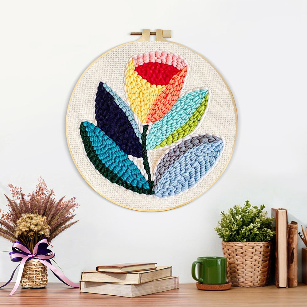 Finished multicoloured tulip artwork displayed on a wall
