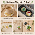 Punch needle coasters used as cup mats and decorations