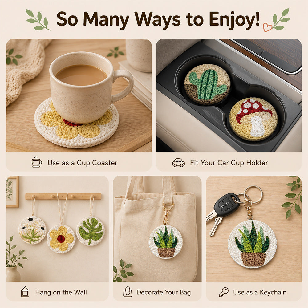 Punch needle coasters used as cup mats and decorations