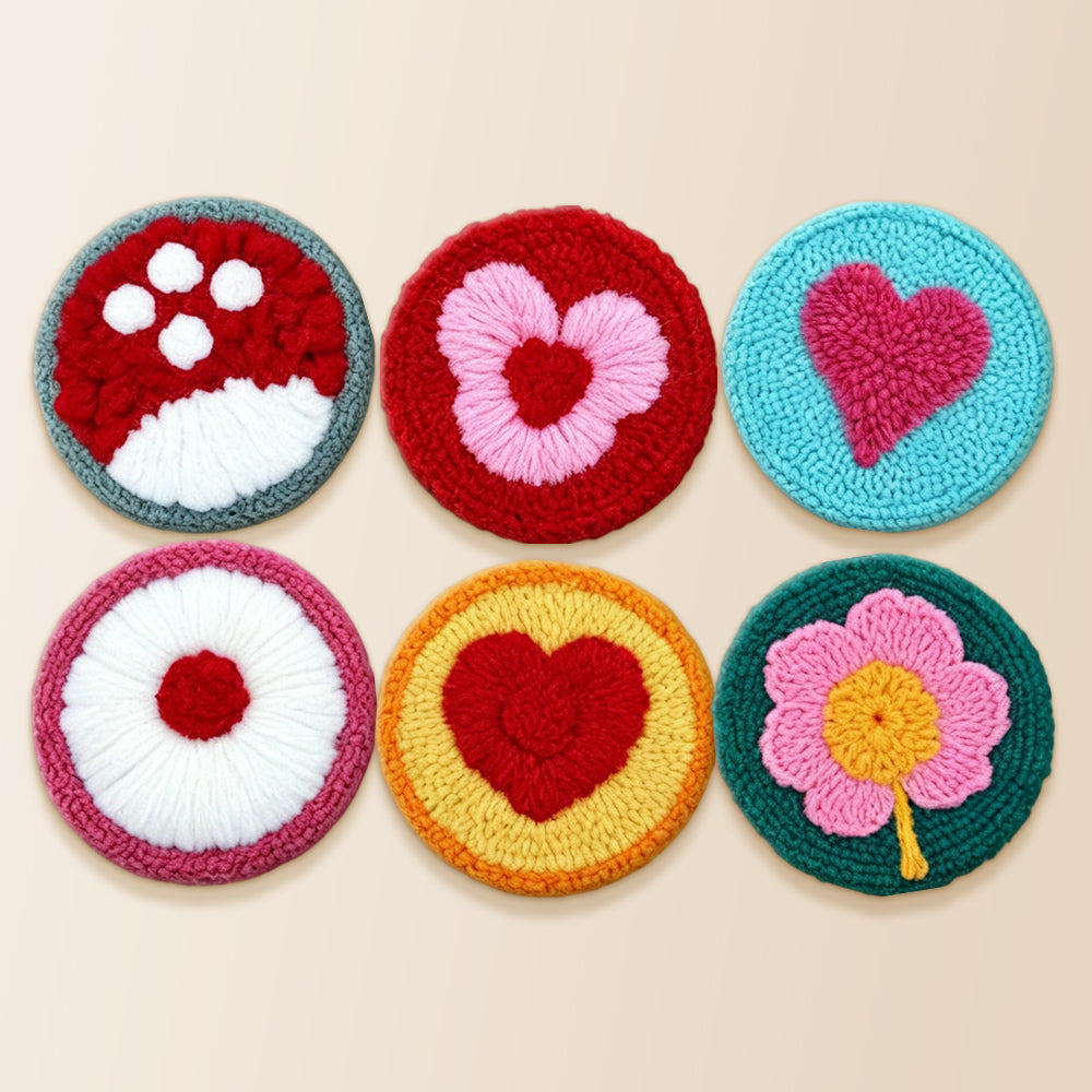 Mushroom, heart and flower punch needle coaster kit finished handmade coasters