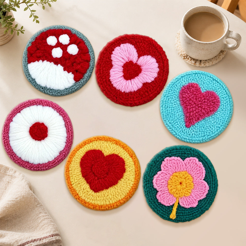Mushroom, heart and flower punch needle coasters used for home decoration