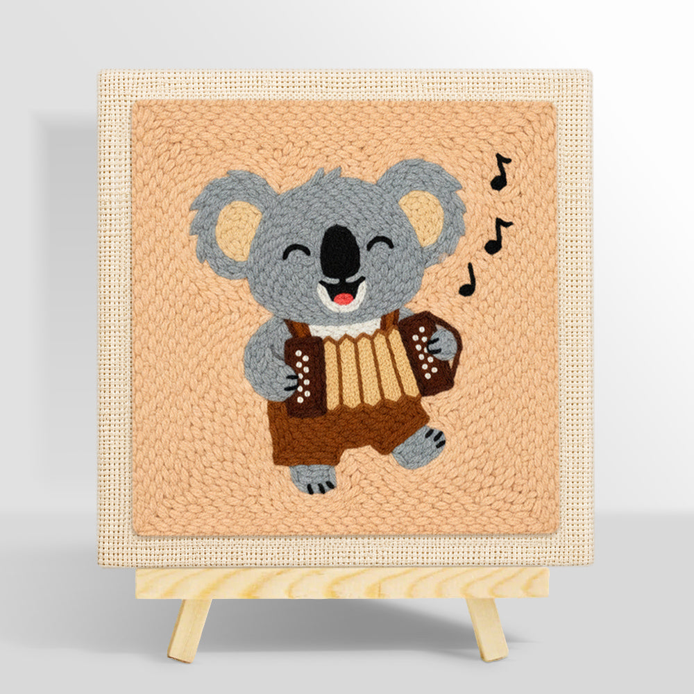 Musical koala playing accordion punch needle kit for beginners