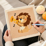 Creating handmade musical lion playing the trumpet punch needle artwork