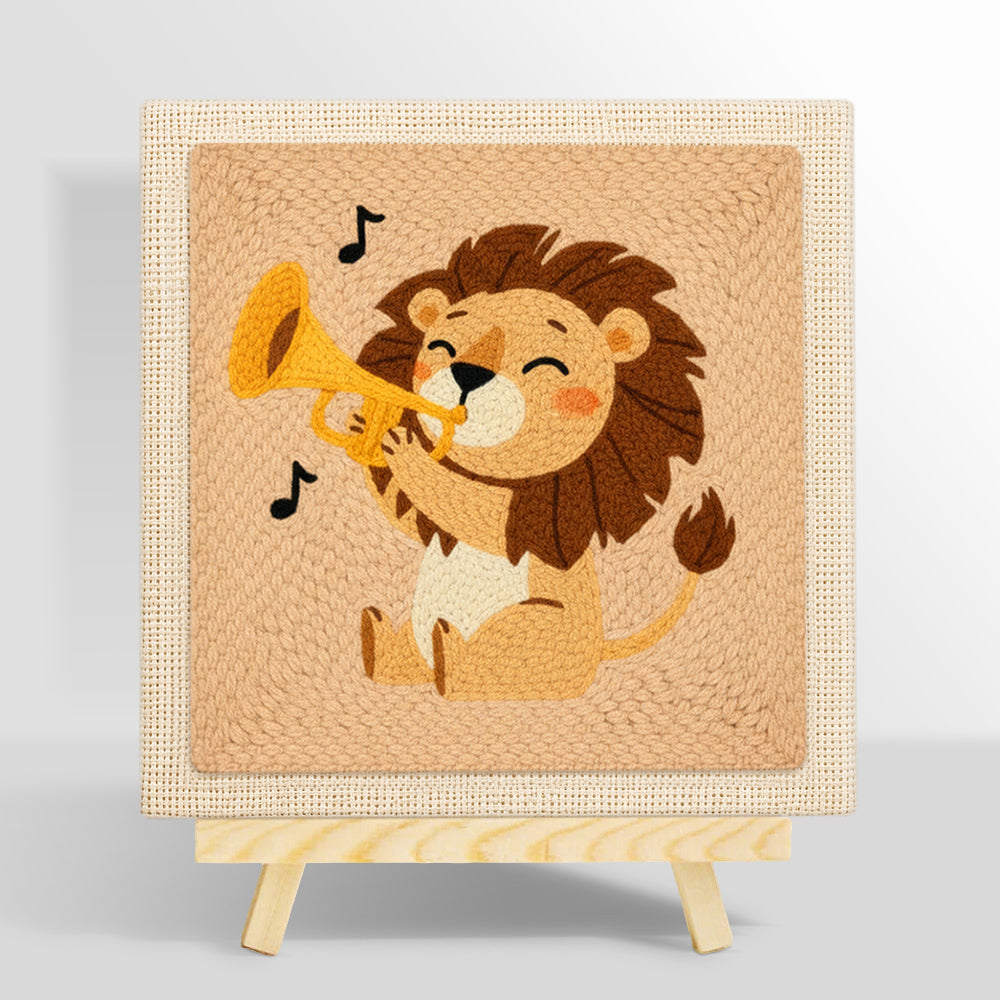 Musical lion playing the trumpet punch needle kit for beginners