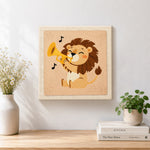 Finished musical lion playing the trumpet artwork displayed on a wall