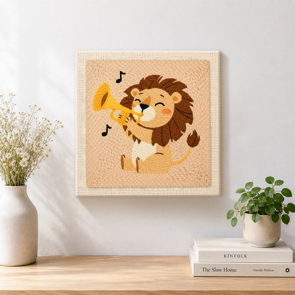 Finished musical lion playing the trumpet artwork displayed on a wall