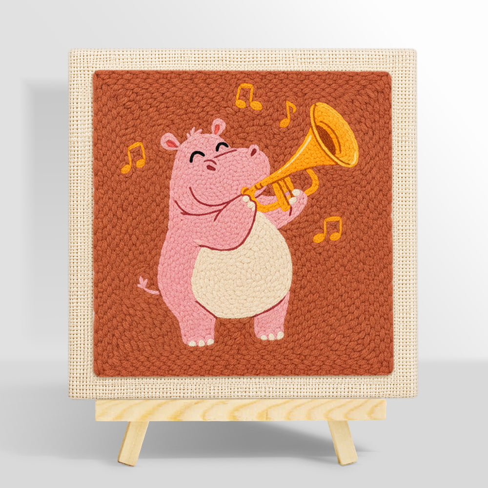 Musical pink hippo with trumpet punch needle kit for beginners