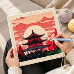 Creating handmade mystical eastern temple at dusk punch needle artwork