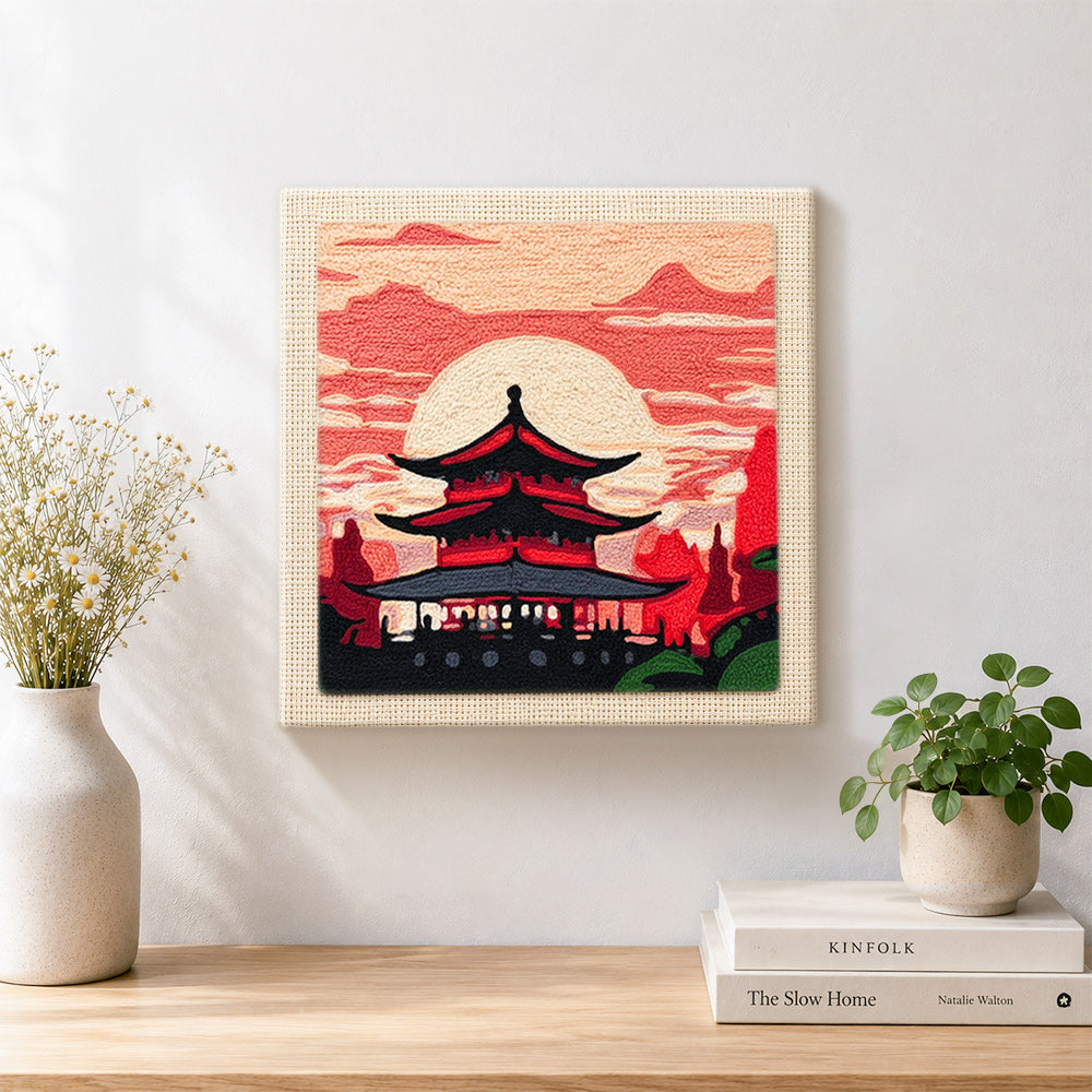 Finished mystical eastern temple at dusk artwork displayed on a wall