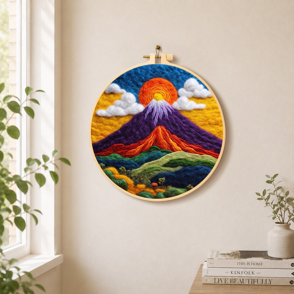 Mystical purple mountain needle felt wall art displayed in a bright home interior