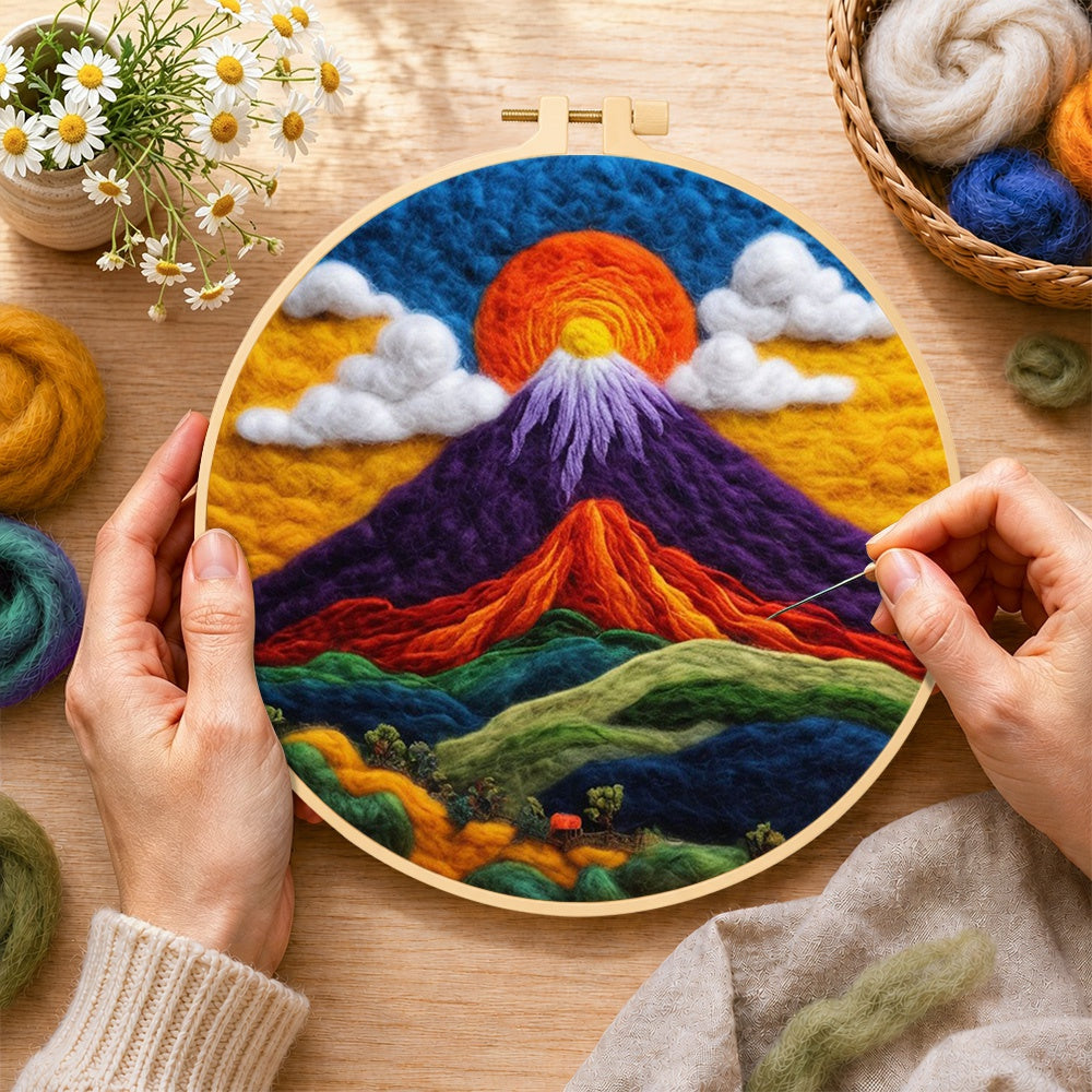 Creating the mystical purple mountain wool painting by hand with a felting needle