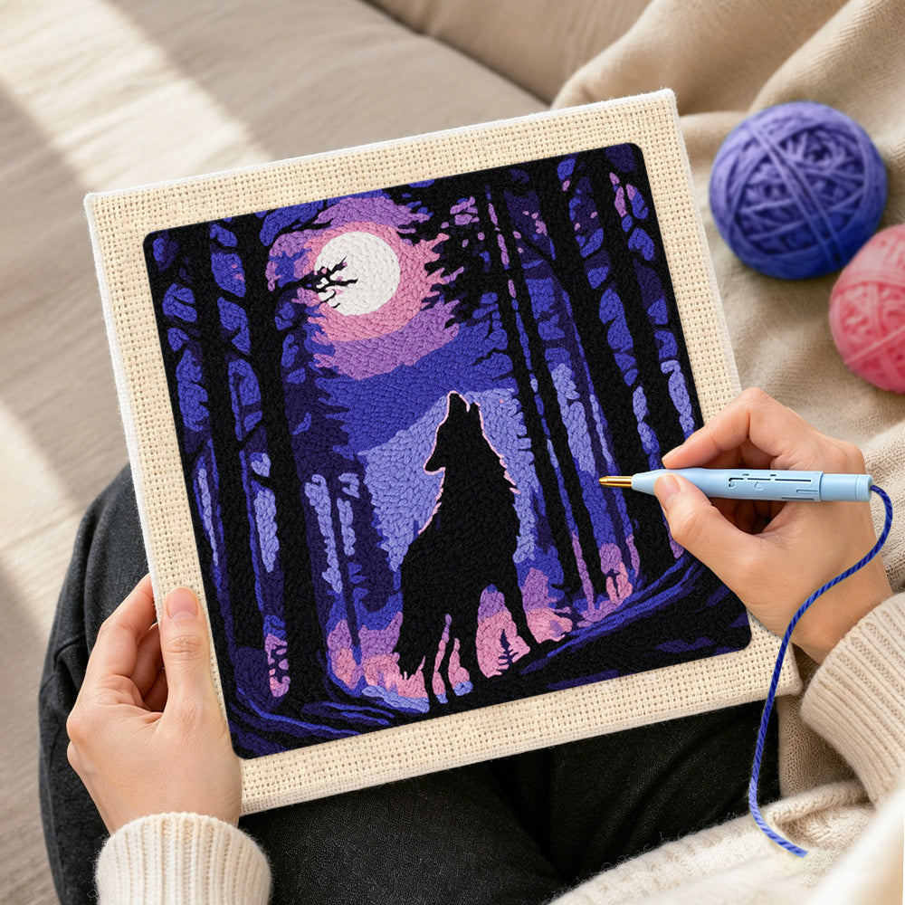 Creating handmade mystical wolf howling at the moon punch needle artwork