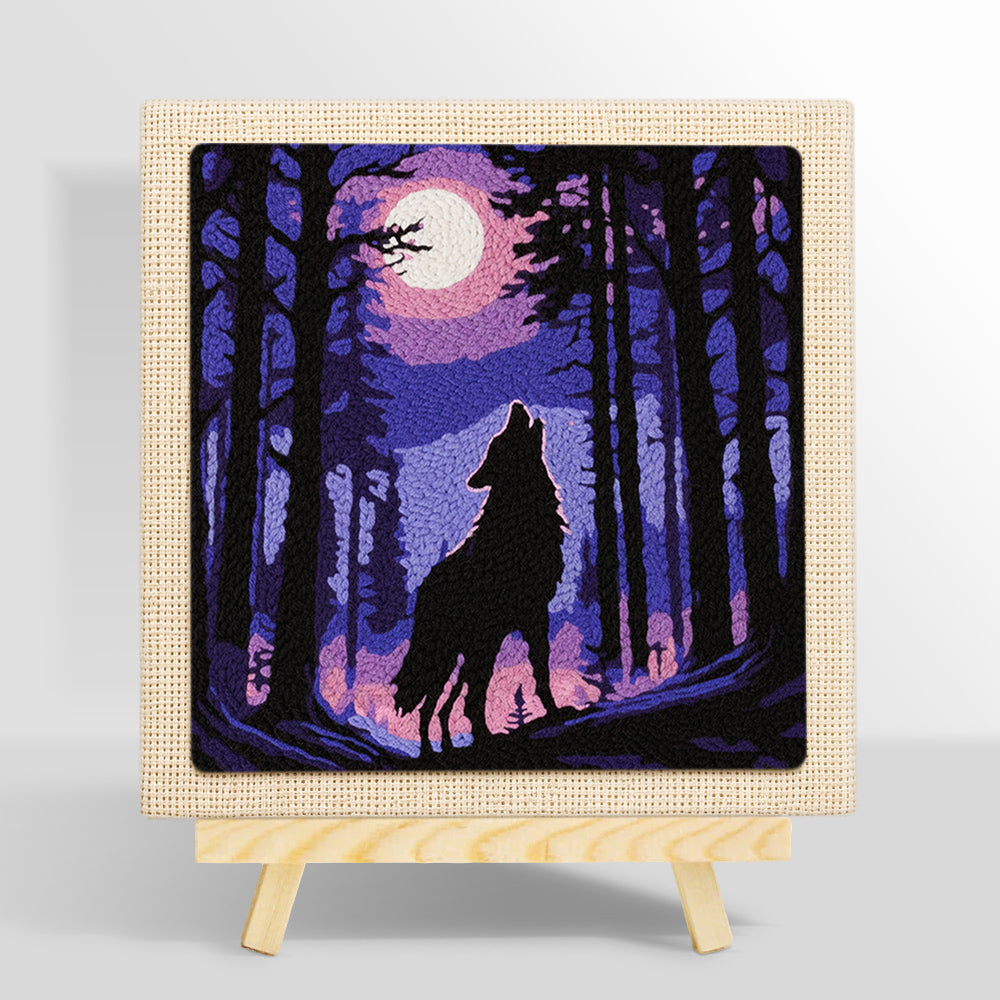 Mystical wolf howling at the moon punch needle kit for beginners