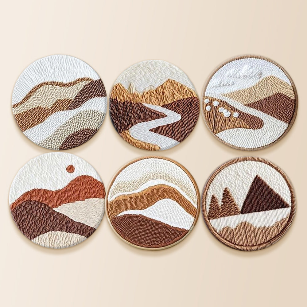 Neutral colour mountains and rivers punch needle coaster kit finished handmade coasters