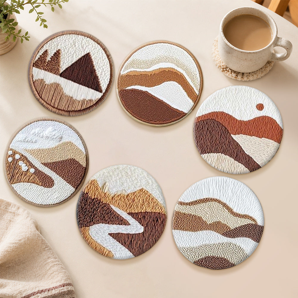 Neutral colour mountains and rivers punch needle coasters used for home decoration