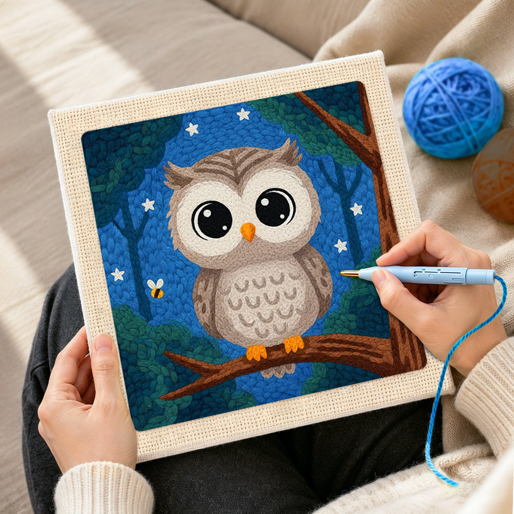 Creating handmade night sky forest owl punch needle artwork