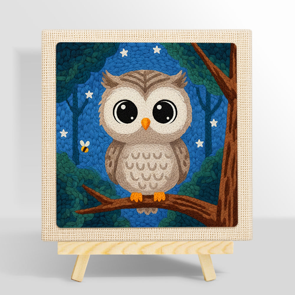 Night sky forest owl punch needle kit for beginners