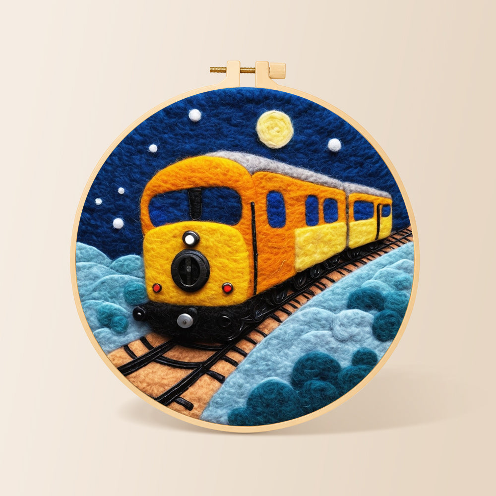 Night sky train needle felting kit for beginners with a round wooden frame