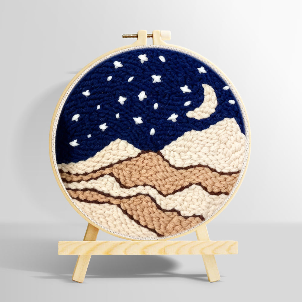 Night sky with moon, stars and beige sand dunes punch needle kit for beginners