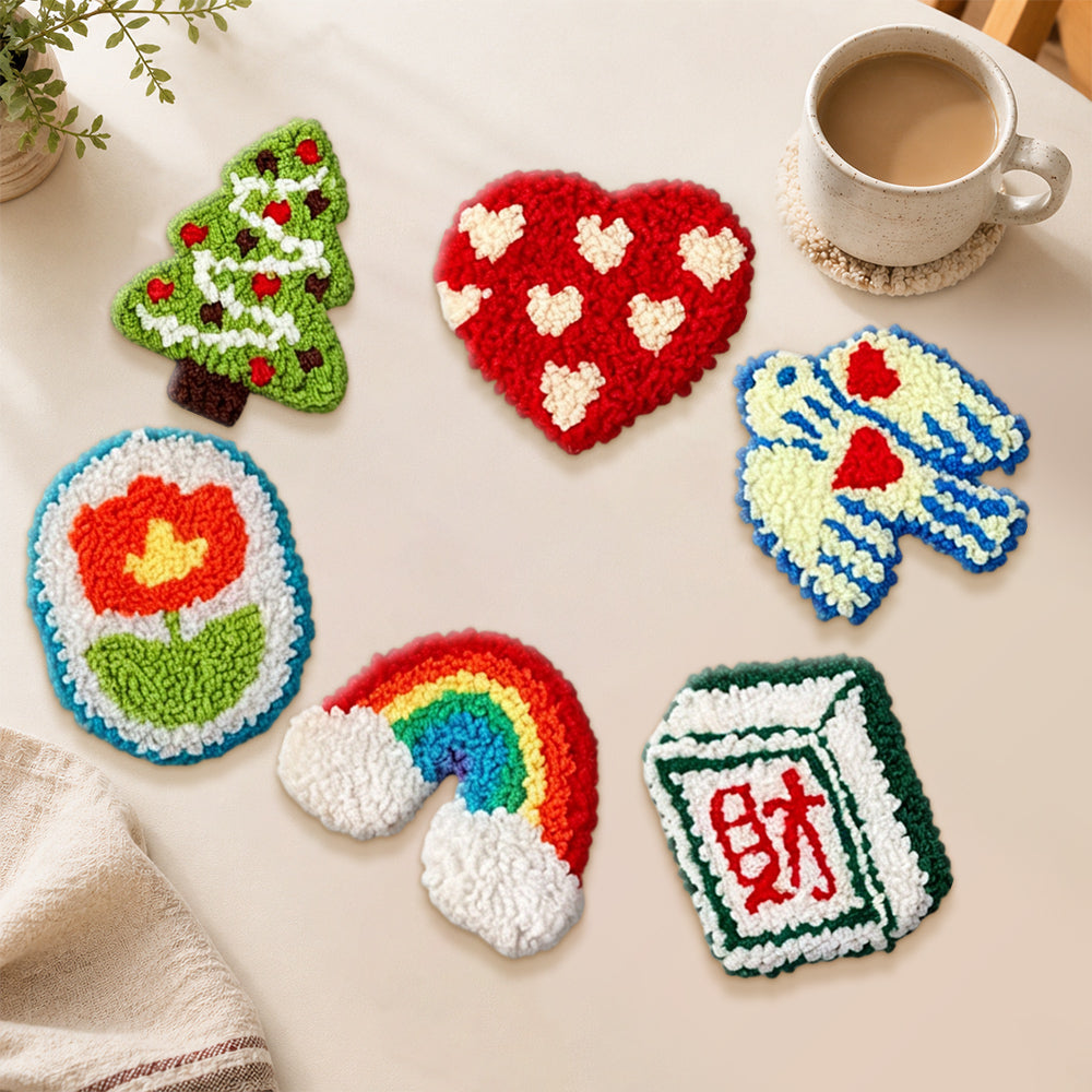 Novelty rainbow, dove and heart punch needle coasters used for home decoration