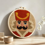 Nutcracker soldier portrait punch needle artwork displayed on a table