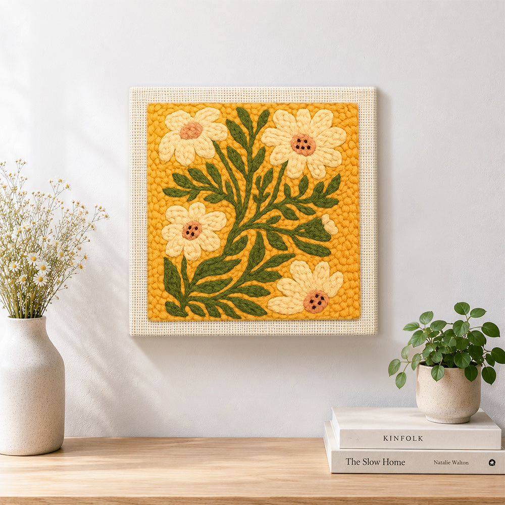 Finished ochre yellow daisies artwork displayed on a wall