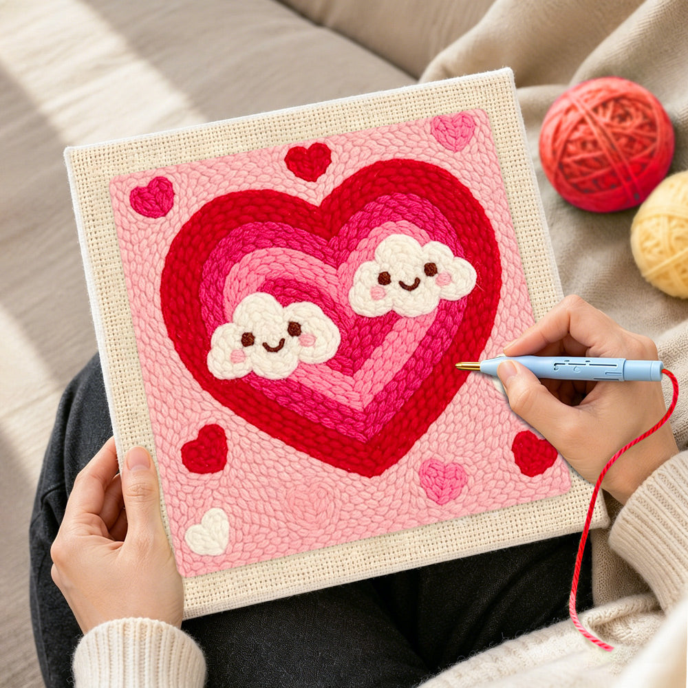 Creating handmade ombre heart with kawaii clouds punch needle artwork