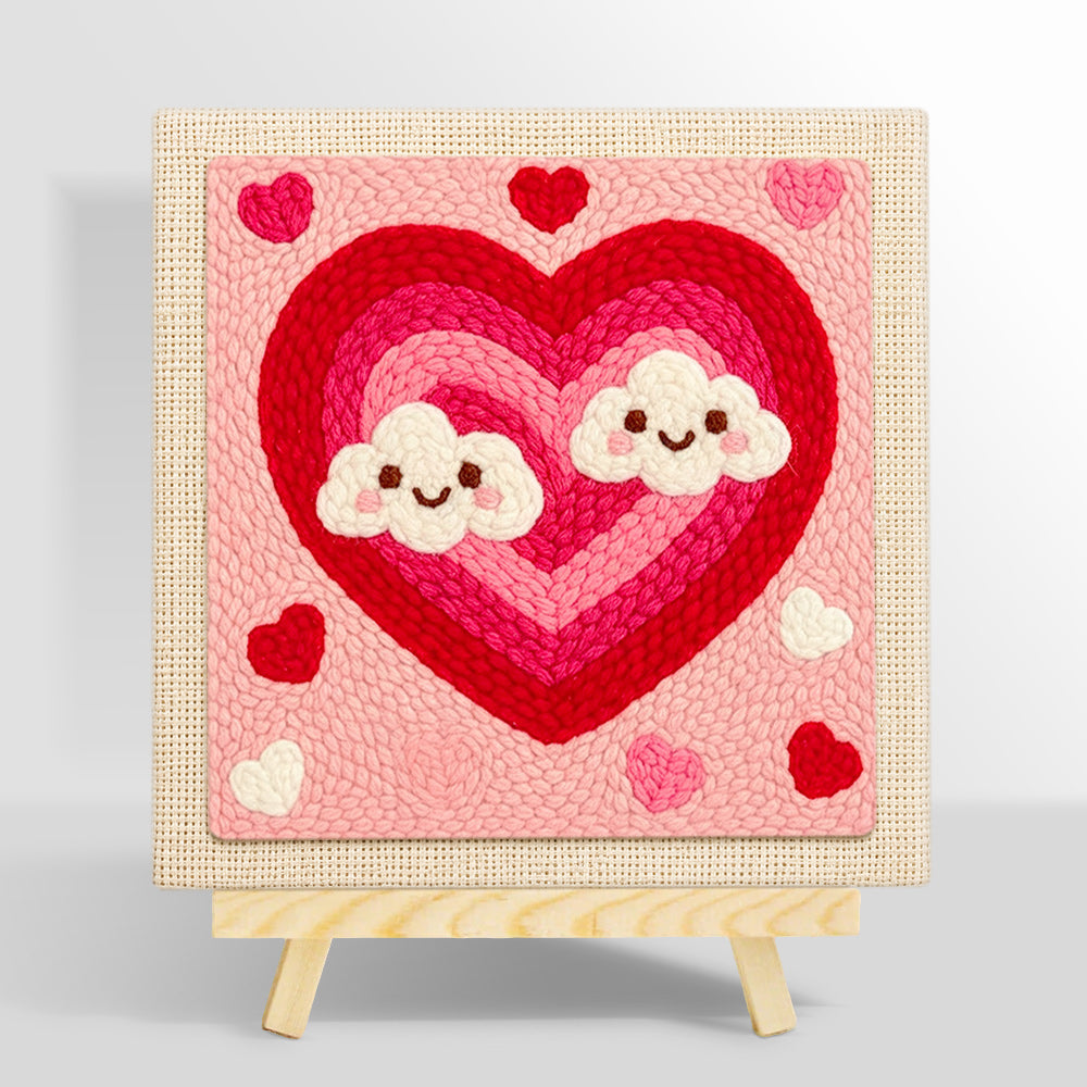Ombre heart with kawaii clouds punch needle kit for beginners