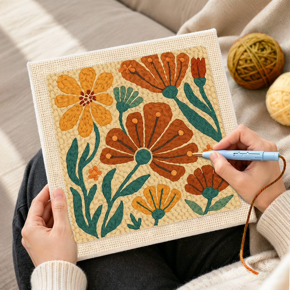 Creating handmade orange and brown florals punch needle artwork