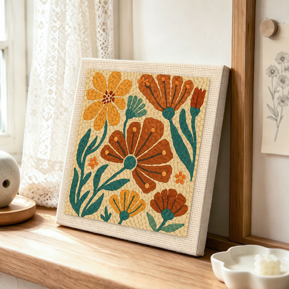 Orange and brown florals punch needle artwork displayed on a table