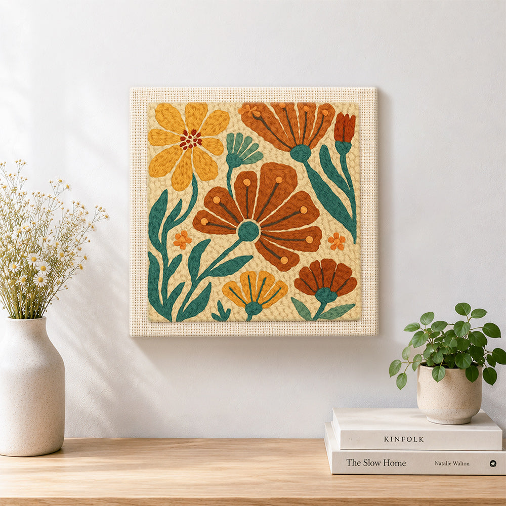 Finished orange and brown florals artwork displayed on a wall