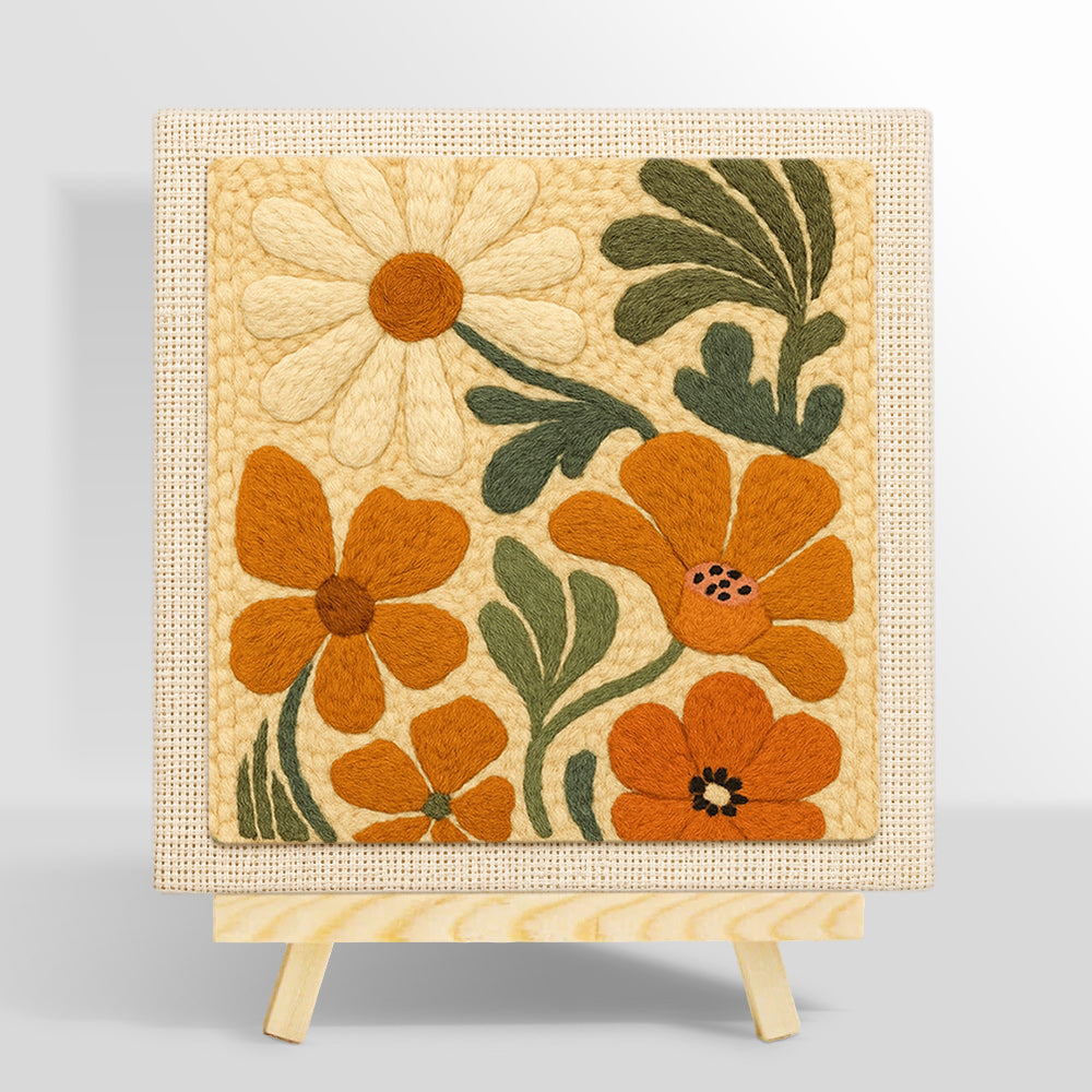Orange and cream flowers punch needle kit for beginners