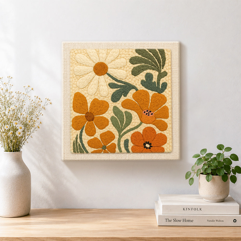 Finished orange and cream flowers artwork displayed on a wall