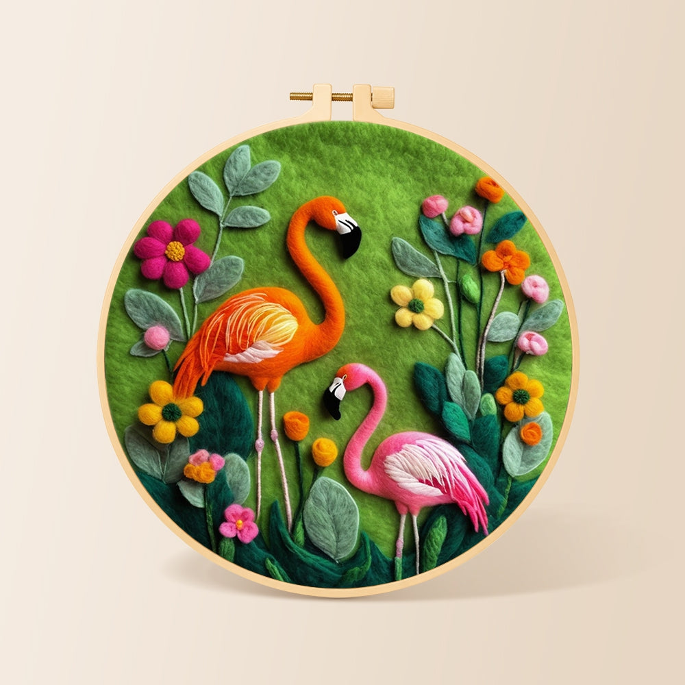 Orange and pink flamingos among flowers needle felting kit for beginners with a round wooden frame