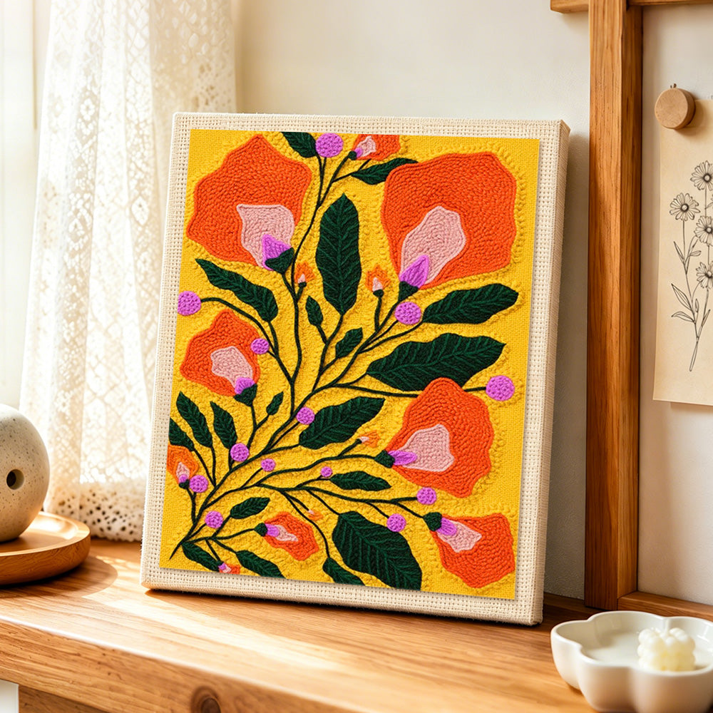 Orange bell flowers punch needle artwork displayed on a table