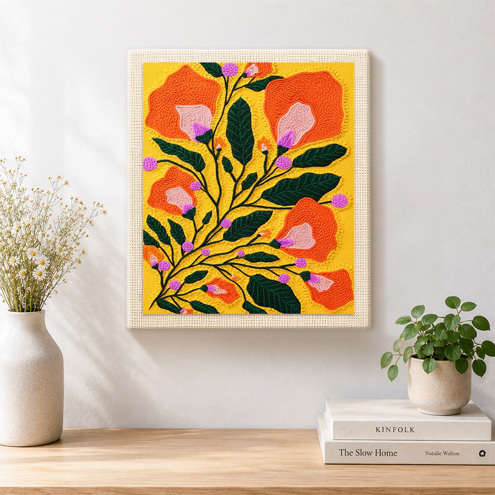 Finished orange bell flowers artwork displayed on a wall