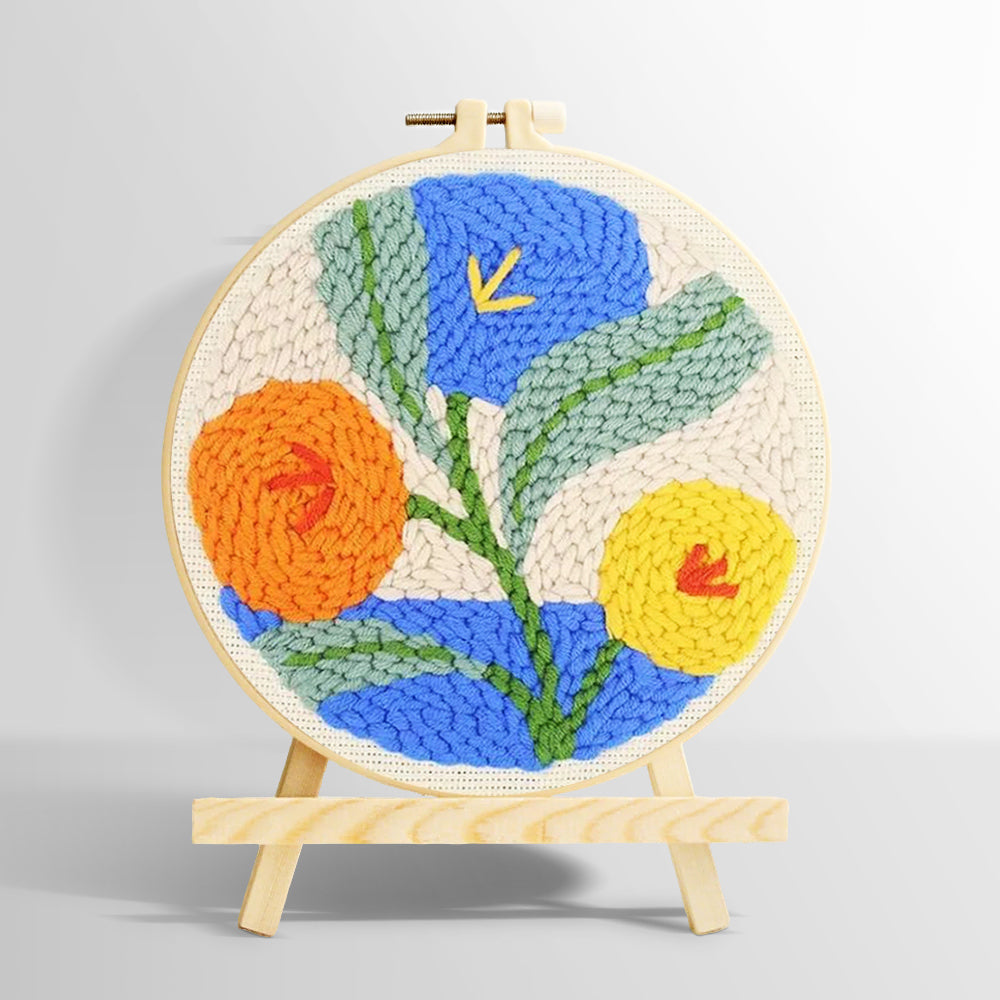 Orange, blue and yellow blooms punch needle kit for beginners