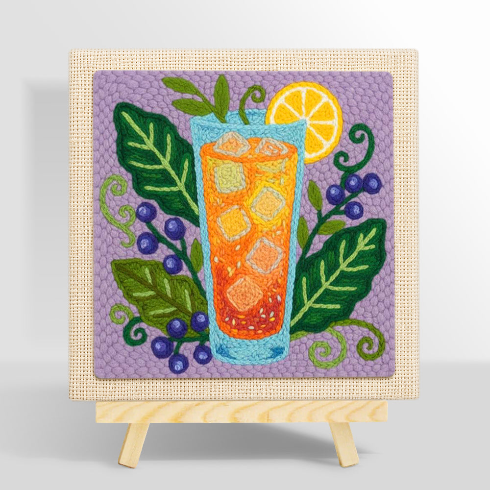 Orange cocktail, blueberries and botanical leaves punch needle kit for beginners