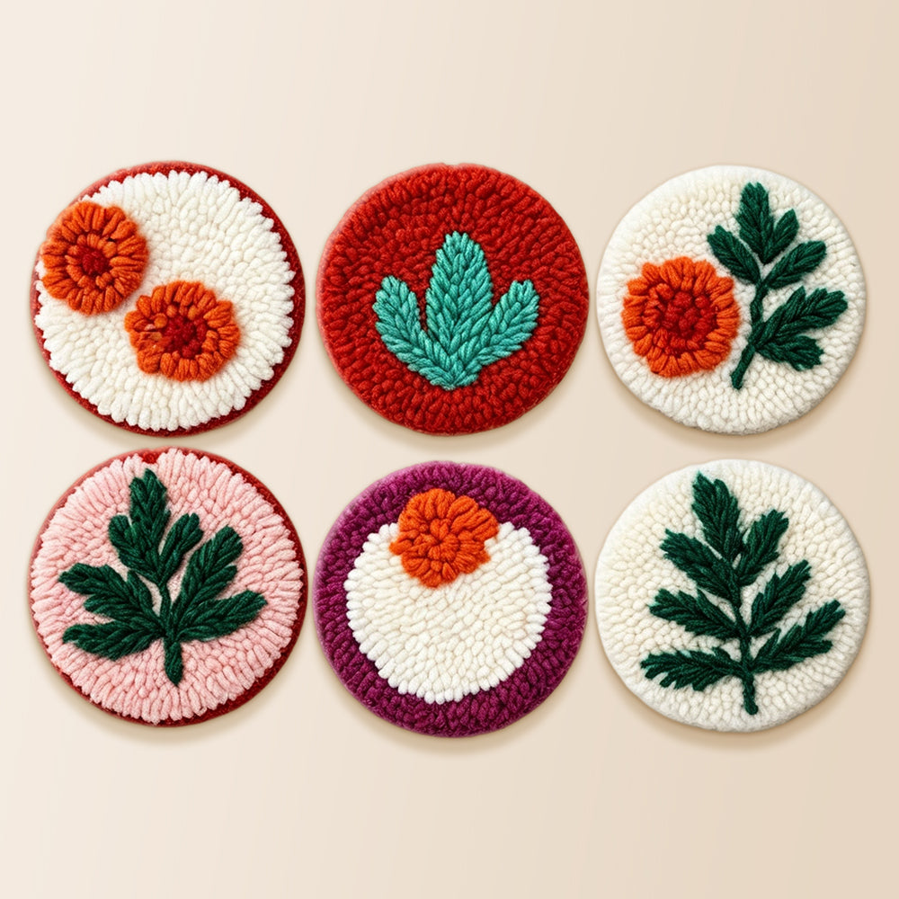 Orange flowers and green leaves punch needle coaster kit finished handmade coasters
