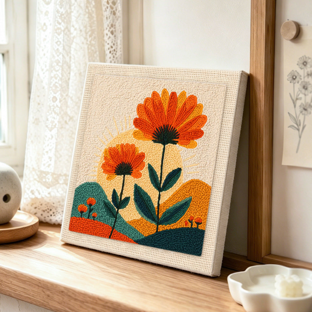 Orange flowers and radiant sunset punch needle artwork displayed on a table