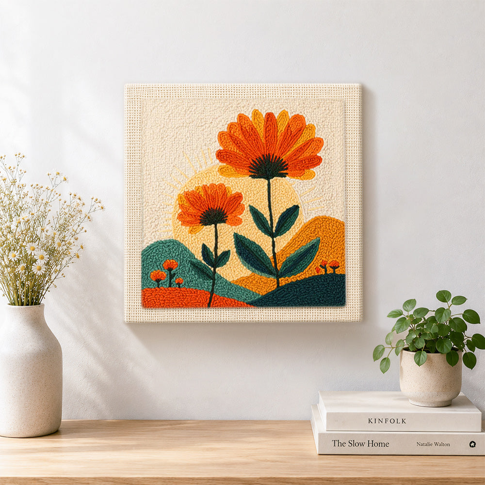 Finished orange flowers and radiant sunset artwork displayed on a wall