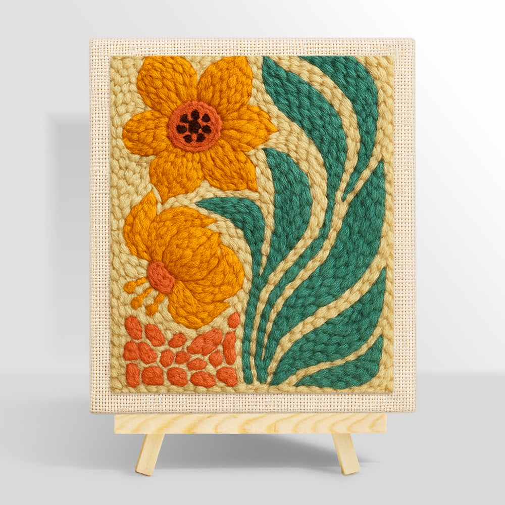 Orange flowers with giant leaves punch needle kit for beginners