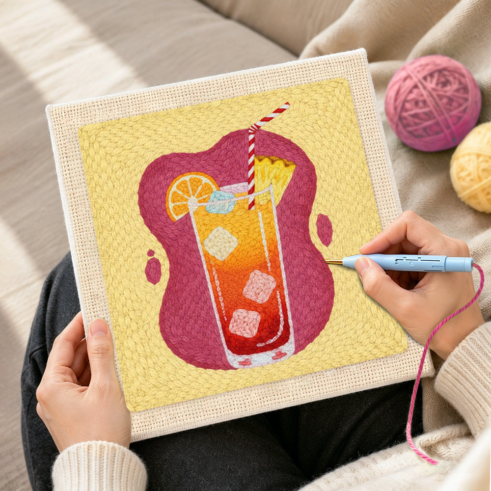 Creating handmade orange gradient summer drink punch needle artwork