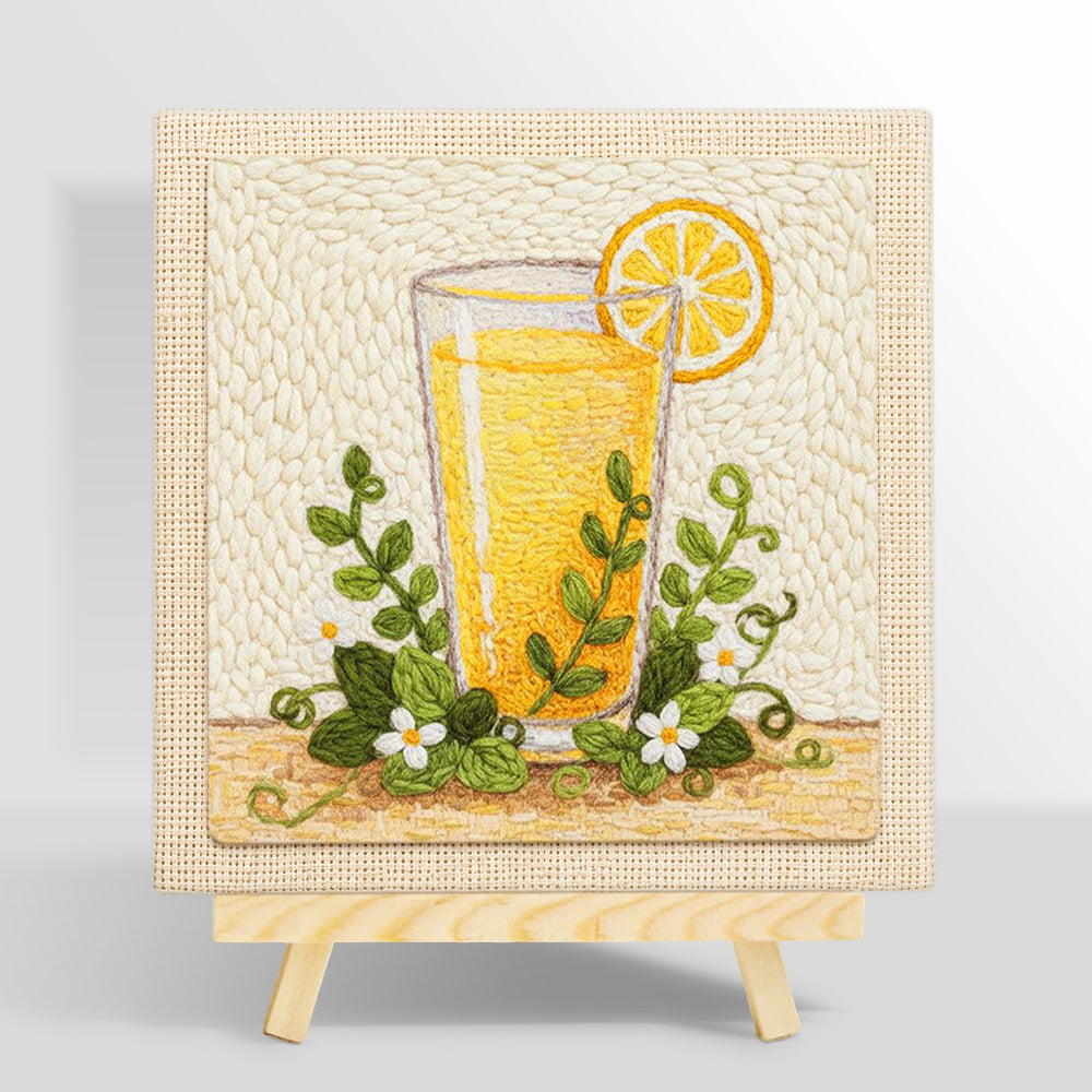 Orange juice and green leaves punch needle kit for beginners