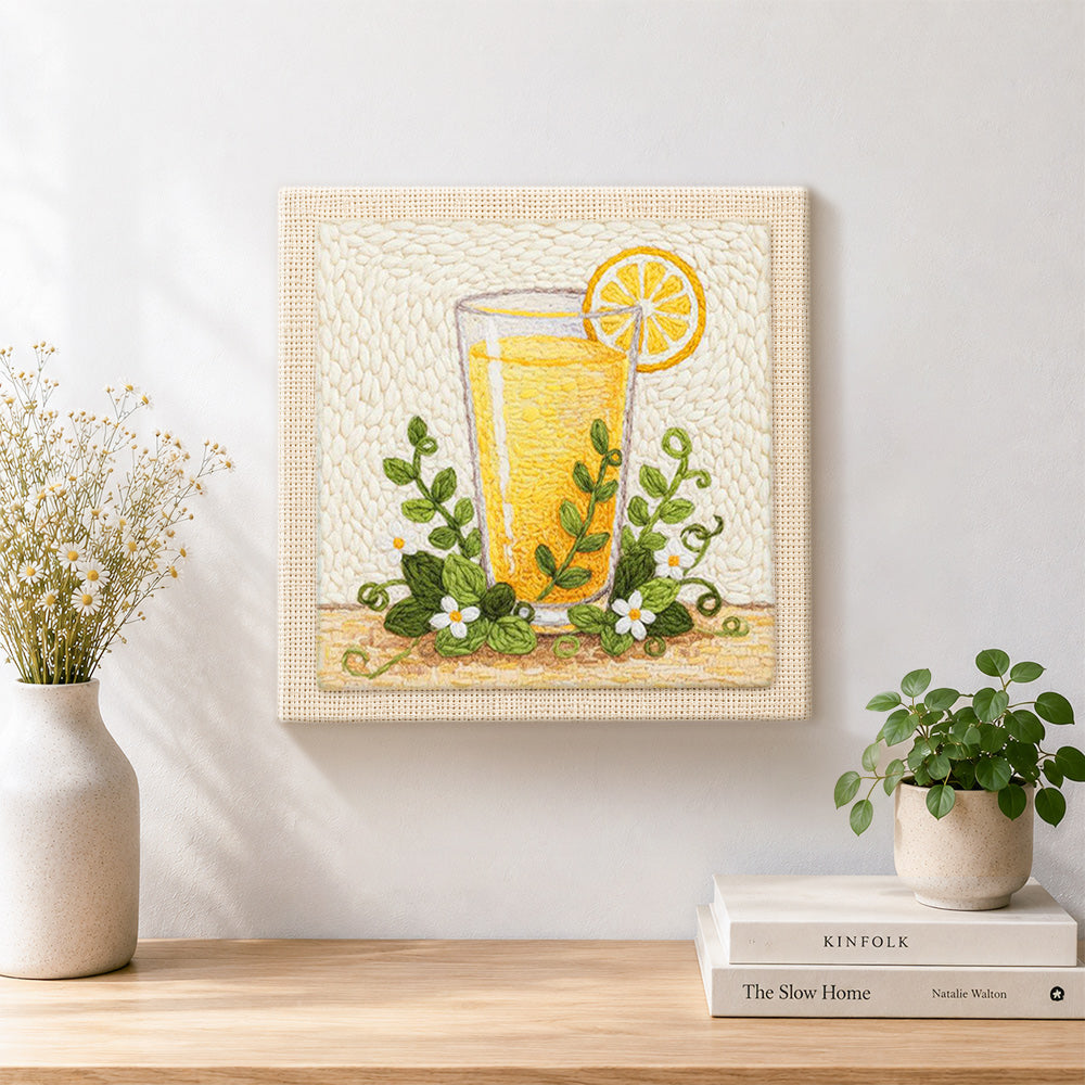 Finished orange juice and green leaves artwork displayed on a wall
