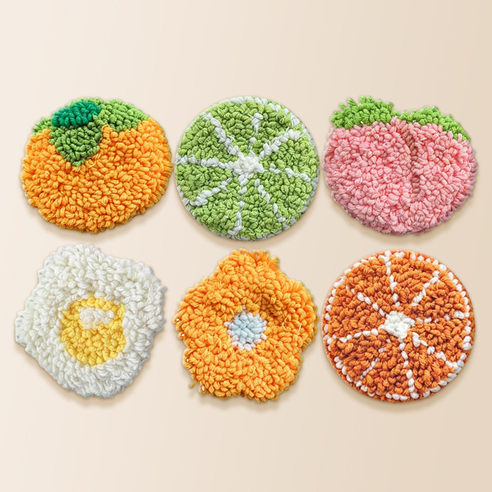 Orange, peach and fried egg punch needle coaster kit finished handmade coasters