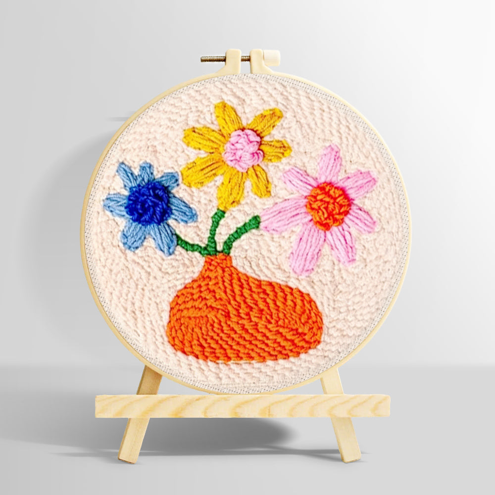 Orange vase with colourful flowers punch needle kit for beginners