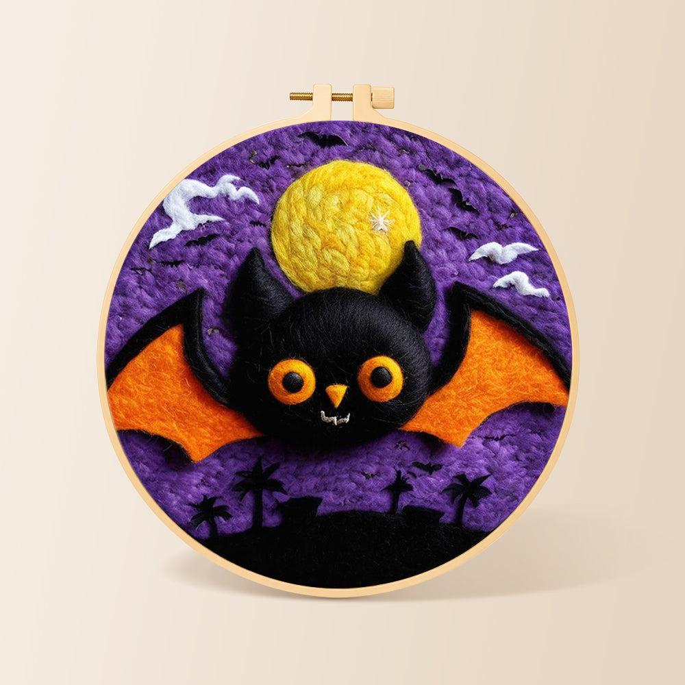 Orange-winged bat under the purple night needle felting kit for beginners with a round wooden frame