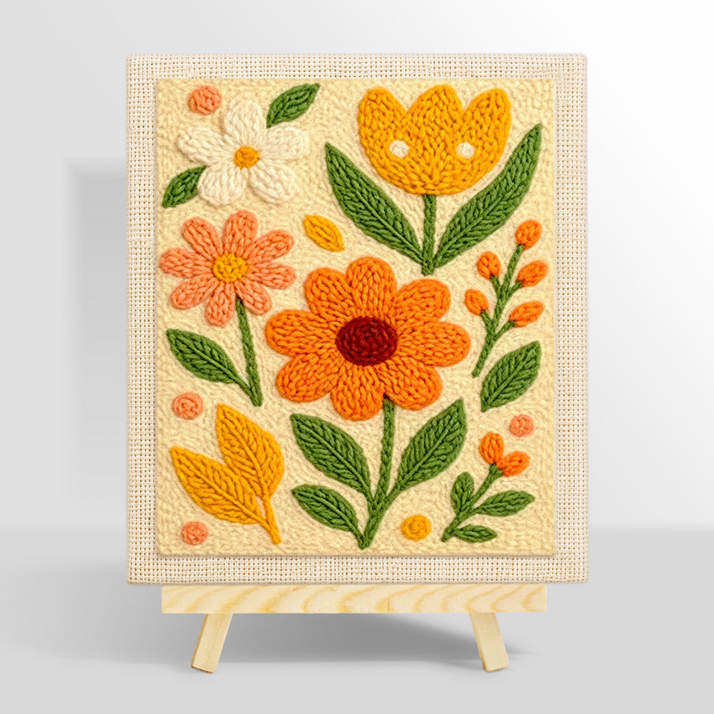 Orange, yellow and white blooms with green leaves punch needle kit for beginners