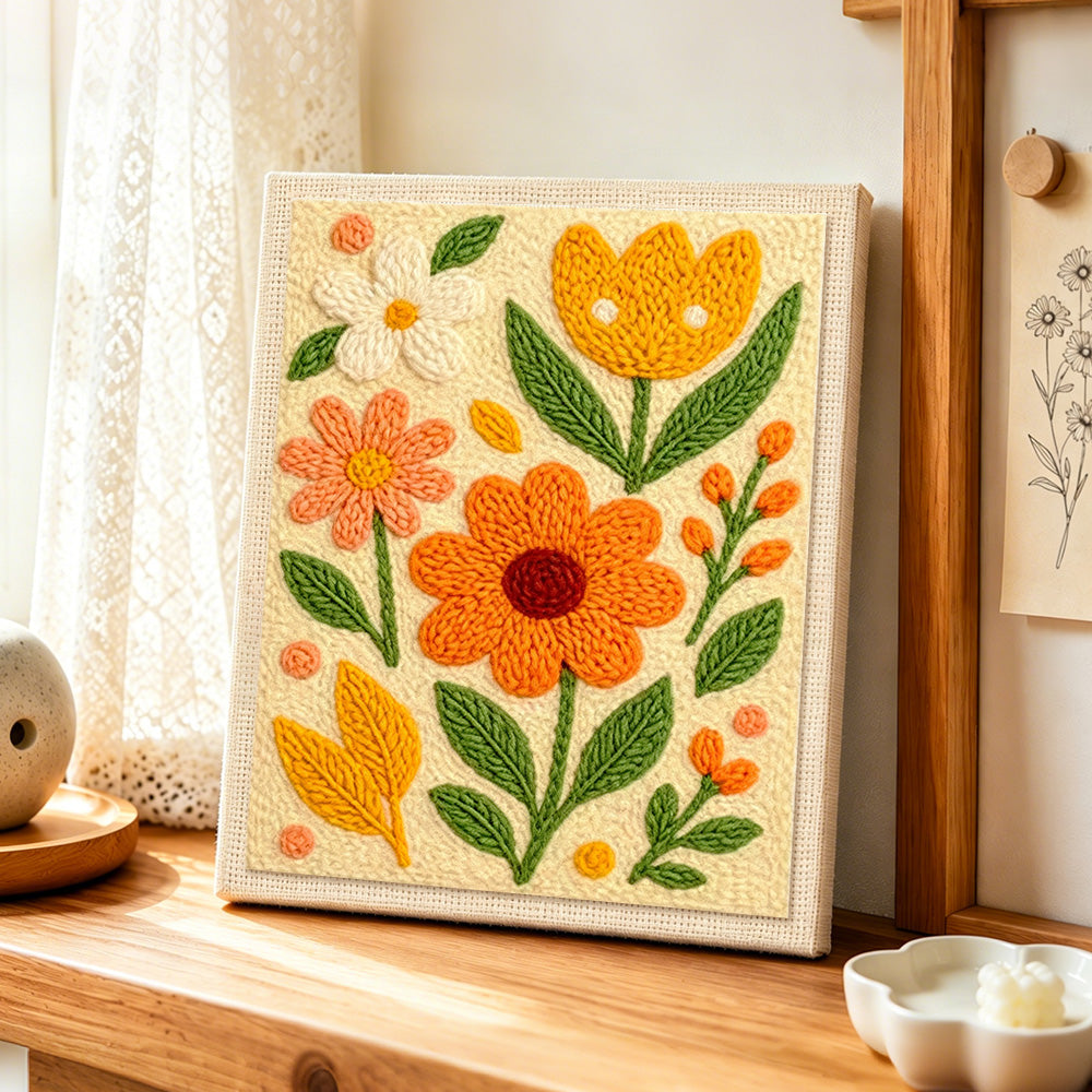 Orange, yellow and white blooms with green leaves punch needle artwork displayed on a table
